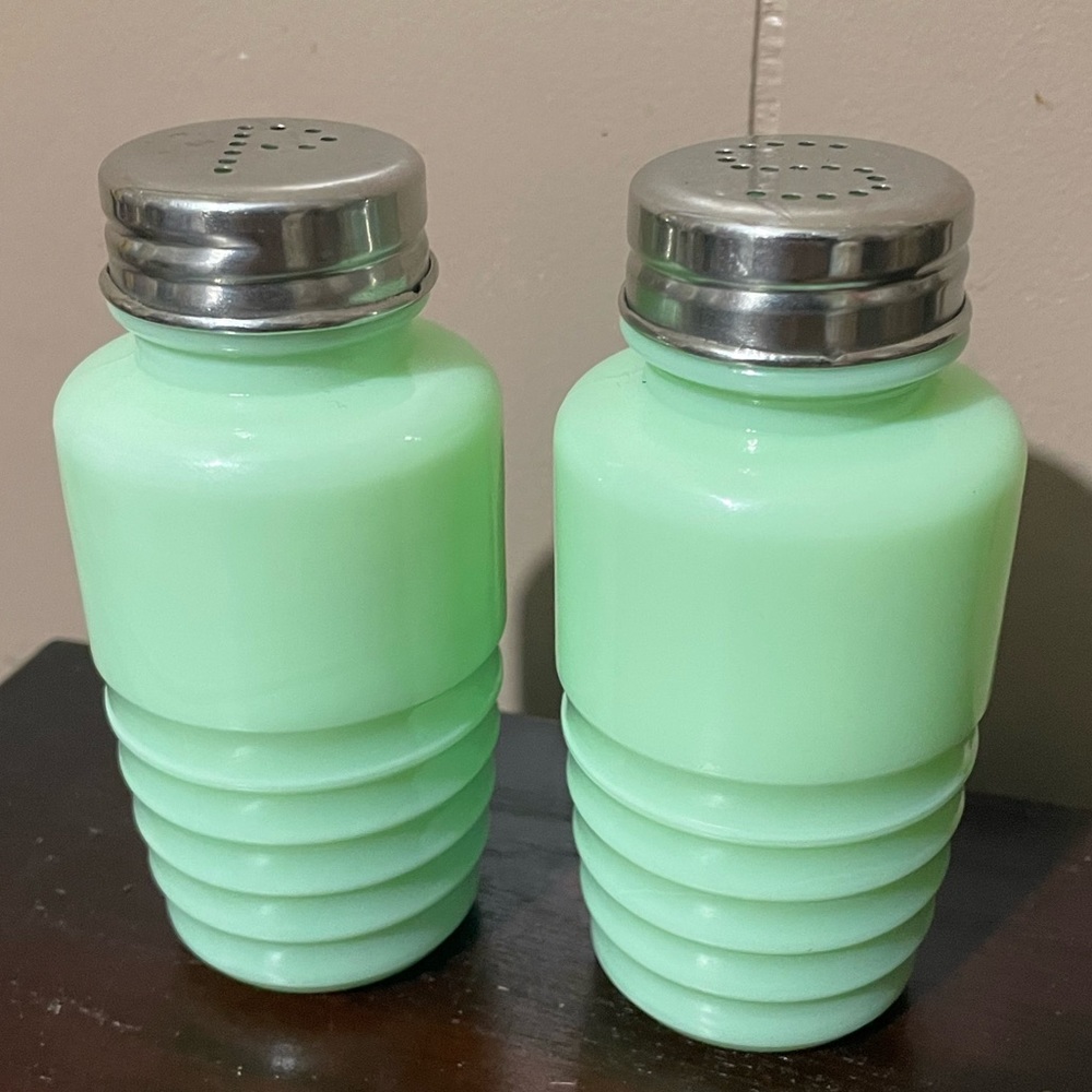 Jadeite jade green glass salt and pepper shakers
